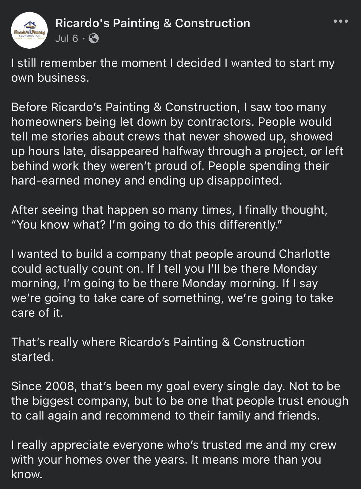 Full social media caption written for a painting and construction company post